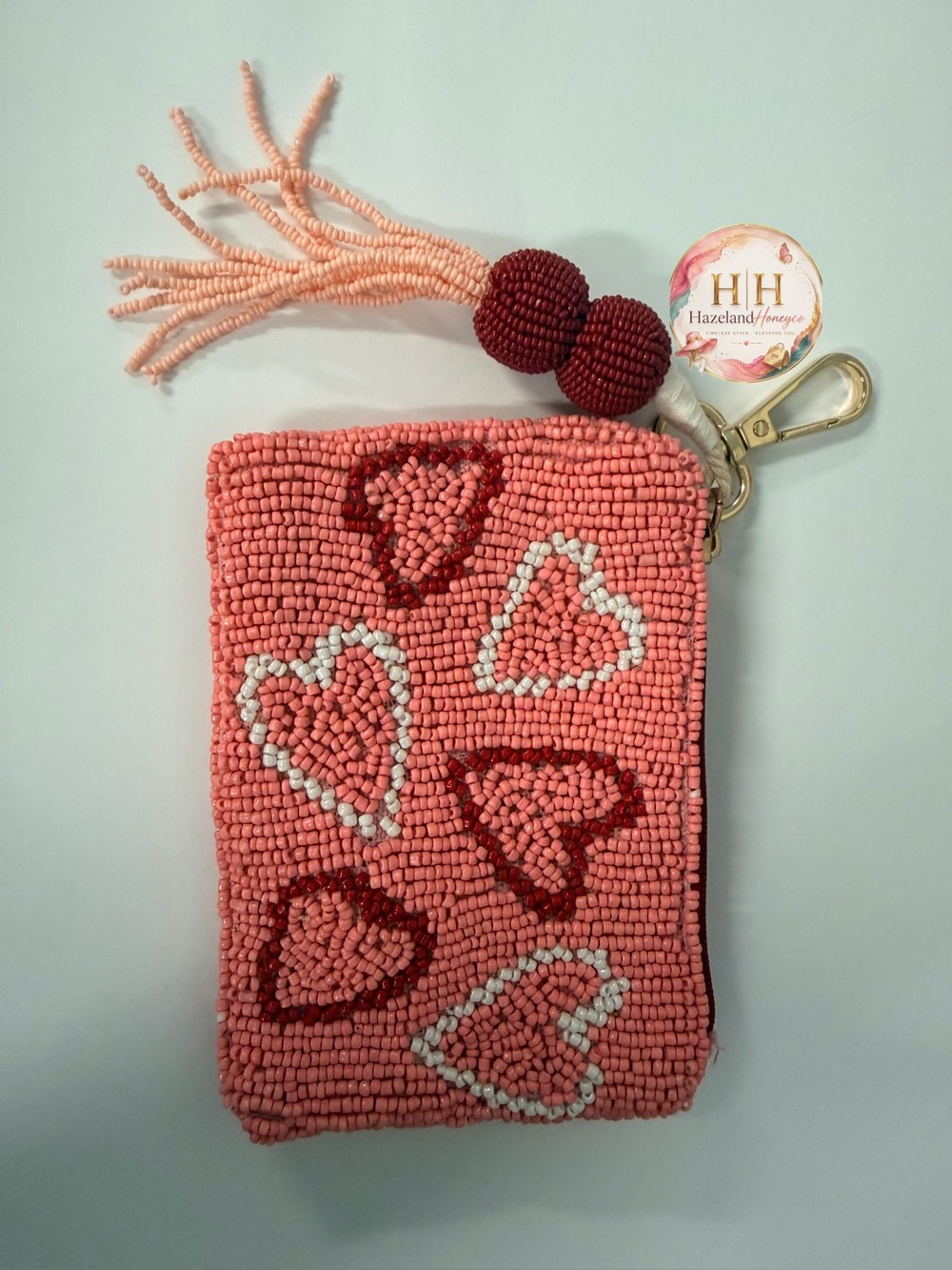 NWOT: Hand Beaded Heart Zip Pouch - Coral pink